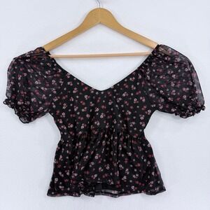 Dee Elly Floral Mesh Peplum Top Women XS Black‎ Romantic Boho Blouse
